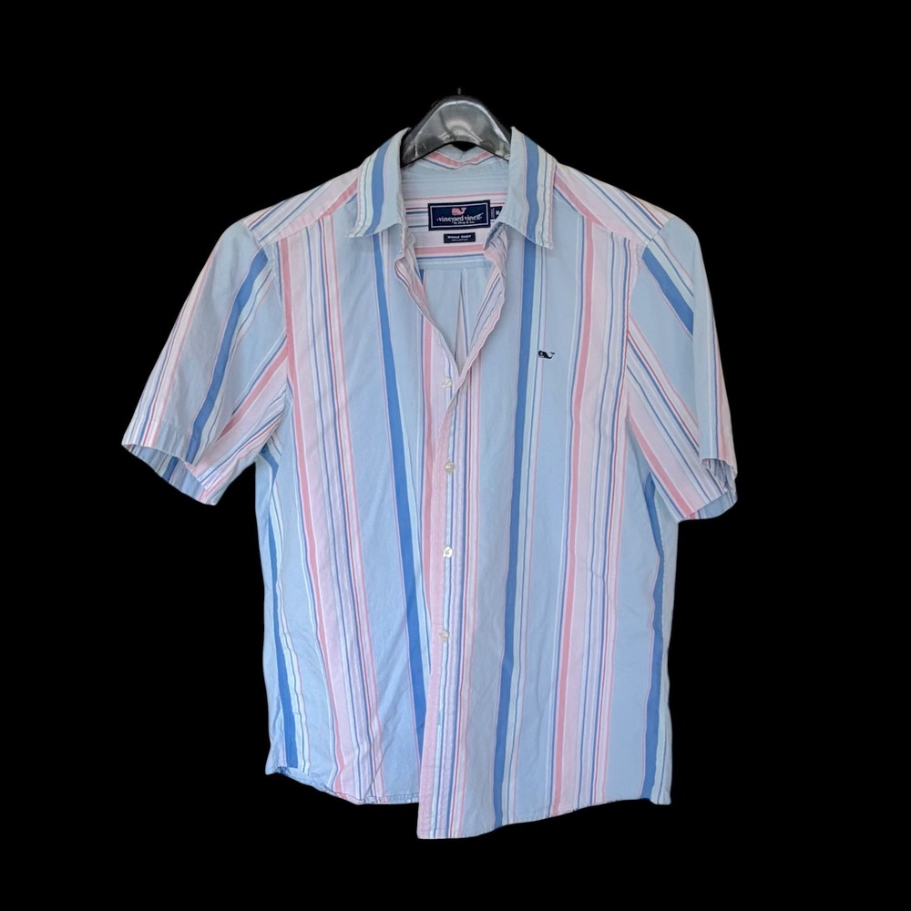 Vineyard‎ Vines Whale Shirt Blue Pink Striped Short Sleeve Button Down Med